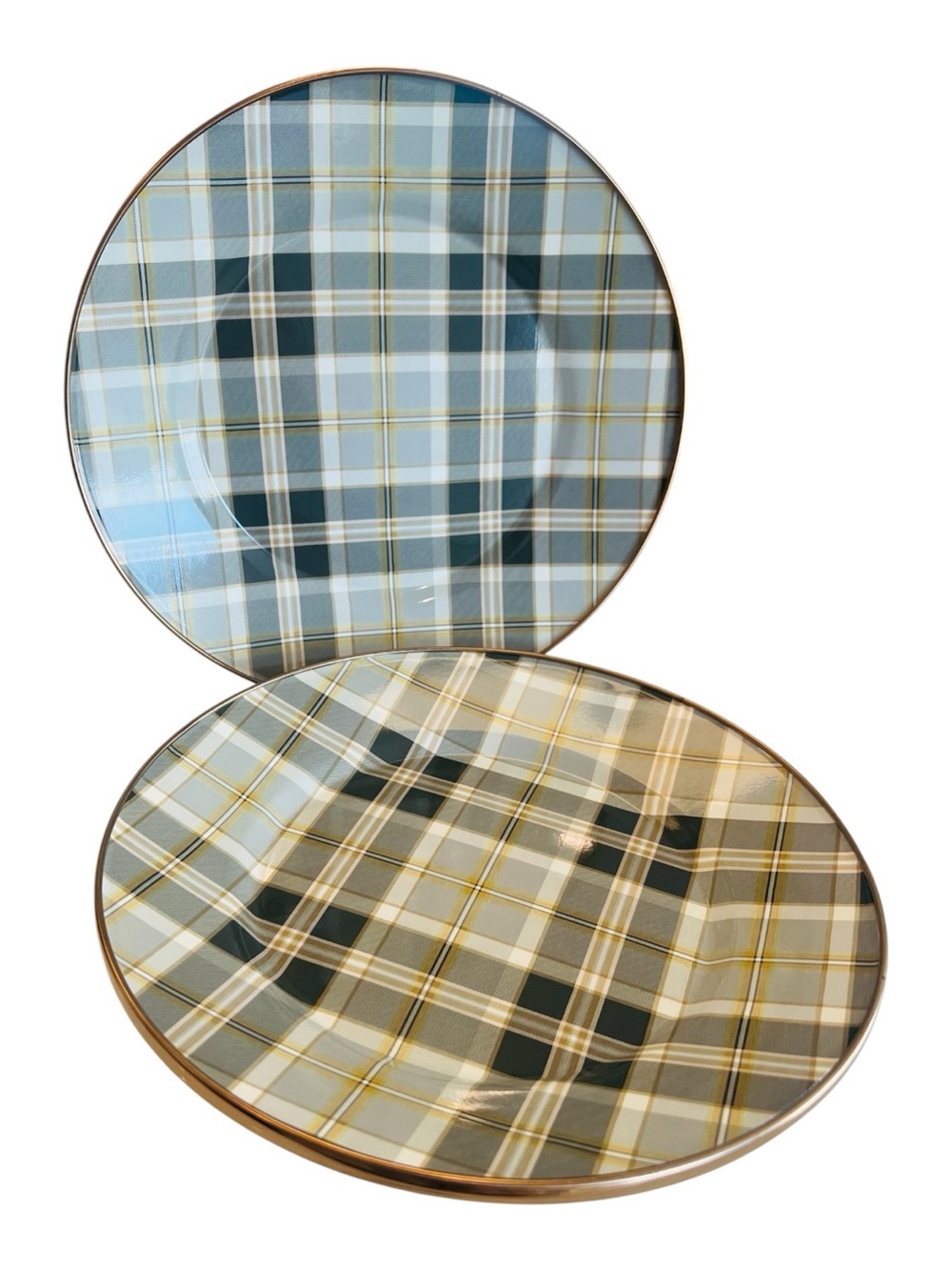 MacKenzie-Childs Tartan Mocha Enamel Dinner Plates 10” Set of 3 Plaid Bronzed